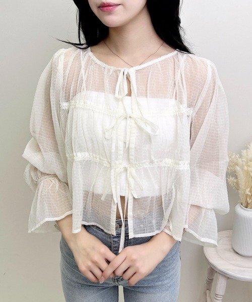 INGNI（イング） ブラウス シャツ 前リボンシアーポコポコブラウス