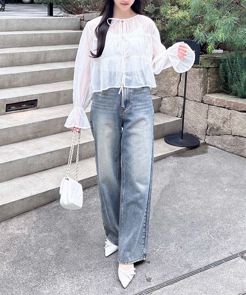 INGNI（イング） ブラウス シャツ 前リボンシアーポコポコブラウス