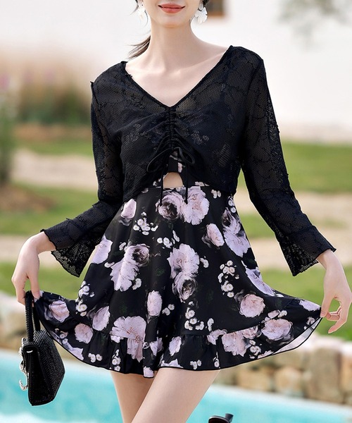 テディショップ（TeddyShop）/レディース水着 長袖クロップドトップス+カットアウトフリルワンピ風オールインワン水着 2点セット TeddyShop（テディショップ） 水着 レディース水着 長袖透け感