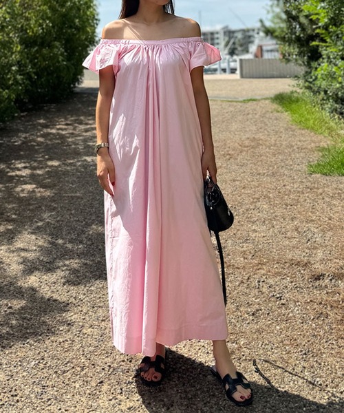 キャミワンピース ロング丈 レース 刺繍 ギャザー 切替 ワンピース