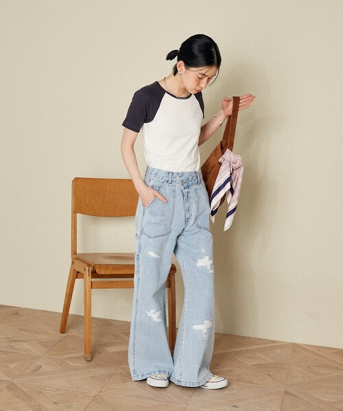 ワイド クロス ダメージ ジーンズ デニム パンツ サイド FREAK'S STORE ジーンズ デニム デニムパンツ クロスディテール