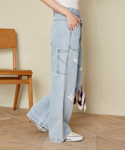 ワイド クロス ダメージ デニム パンツ レディース サイド miniministore ジーンズ デニム デニムパンツ デニムワイド