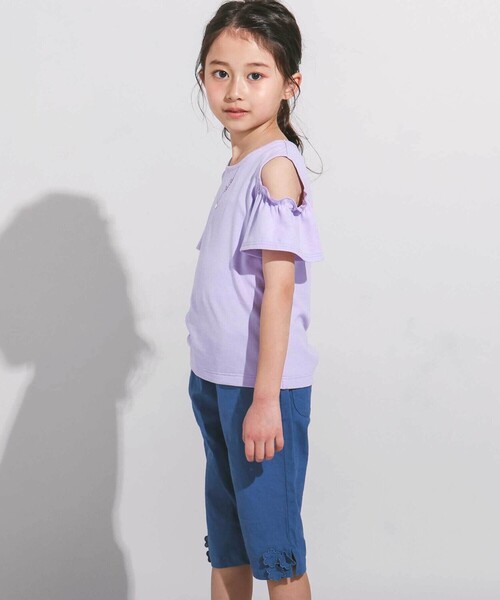 BeBe パンツ ピケストレッチフラワーモチーフサブリナパンツ(90