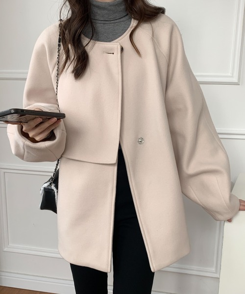 「ECLIN」 ノーカラージャケット FREE カーキ レディース_画像3