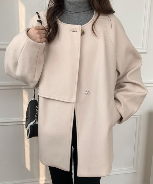 「ECLIN」 ノーカラージャケット FREE カーキ レディース_画像4