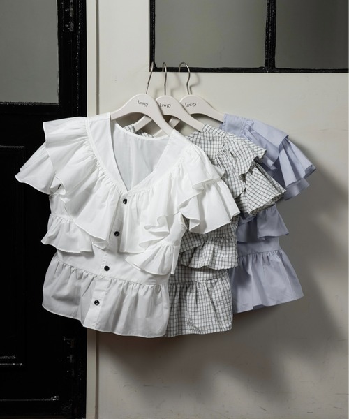 lawgy 2wayフリルフレンチスリーブブラウス Check white 2way frill french sleeve blouse / 2wayフリルフレンチスリーブ