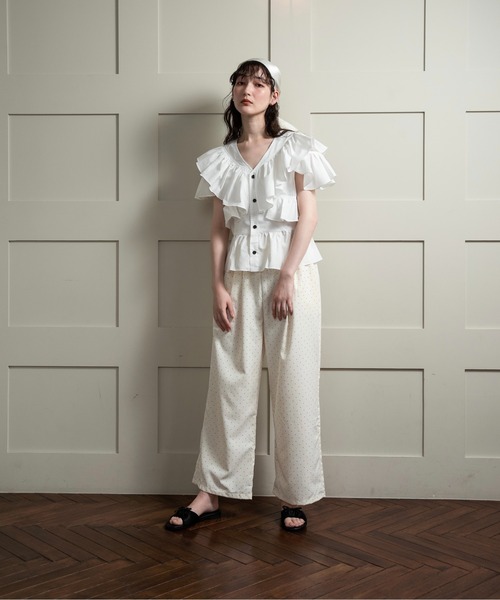 lawgy 2wayフリルフレンチスリーブブラウス Check white 2way frill french sleeve blouse / 2wayフリルフレンチスリーブ