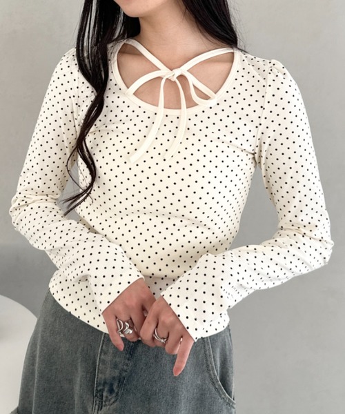 CLEA tシャツ チョーカーリボンドット長袖トップス レディース