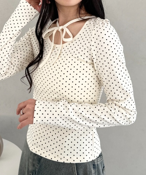 CLEA tシャツ チョーカーリボンドット長袖トップス レディース