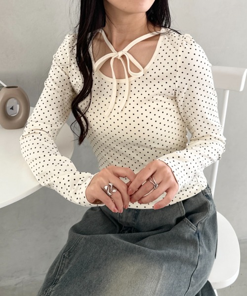 CLEA tシャツ チョーカーリボンドット長袖トップス レディース