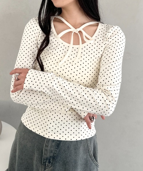 CLEA tシャツ チョーカーリボンドット長袖トップス レディース
