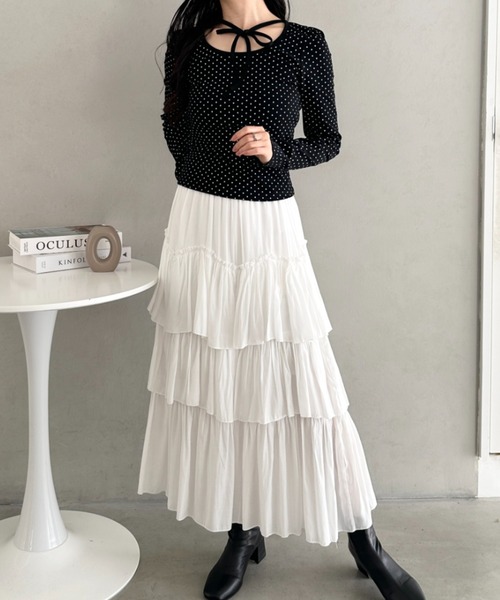 CLEA tシャツ チョーカーリボンドット長袖トップス レディース