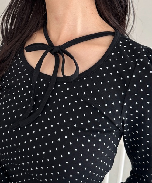 CLEA tシャツ チョーカーリボンドット長袖トップス レディース