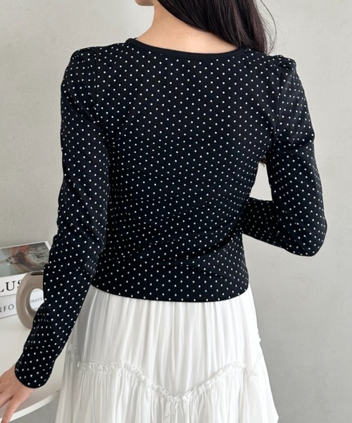 CLEA tシャツ チョーカーリボンドット長袖トップス レディース