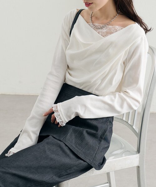 tシャツ 「6色展開 / 一枚で決まる」レースドッキングオフショルロンT レディースの画像