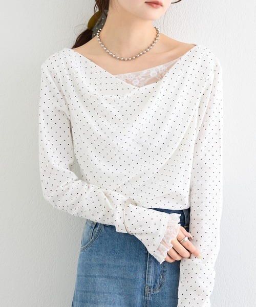 tシャツ 「6色展開 / 一枚で決まる」レースドッキングオフショルロンT レディースの画像