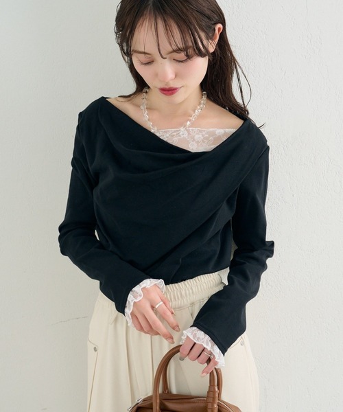 tシャツ 「6色展開 / 一枚で決まる」レースドッキングオフショルロンT レディースの画像