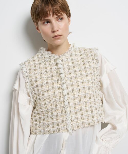 LANVIN en Blue ランバンオンブルー ツイード トップス ブラウス LANVIN en Bleu ブラウス シャツ リボンヤーンツイードショートベスト