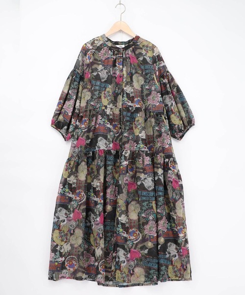 ScoLar（スカラー） シャツワンピース 花ネコ柄シアー素材ティアード
