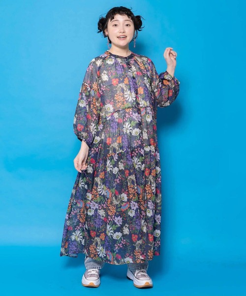ScoLar（スカラー） シャツワンピース 花ネコ柄シアー素材ティアード