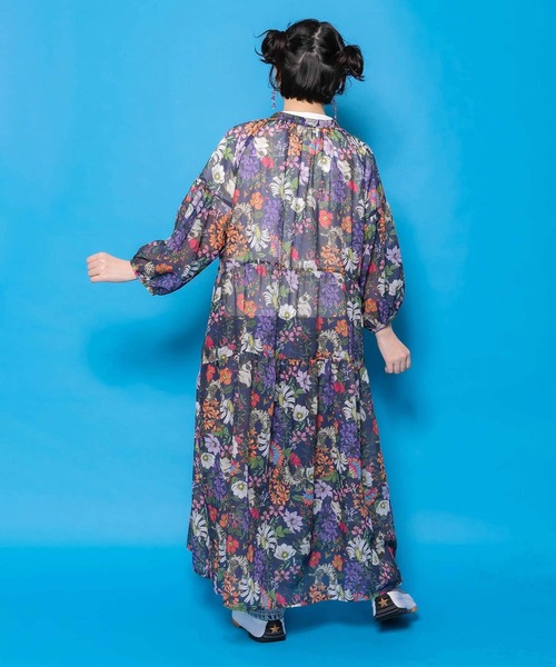 ScoLar（スカラー） シャツワンピース 花ネコ柄シアー素材ティアード