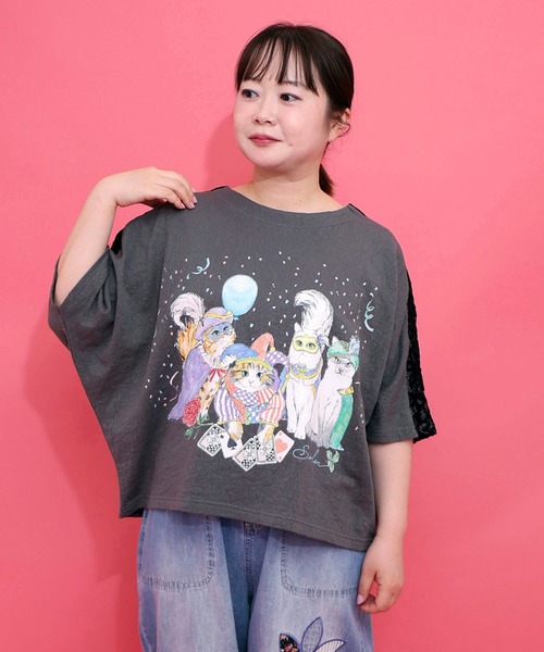 ScoLar（スカラー） tシャツ 162634：仮面舞踏会のネコ柄 ドルマン
