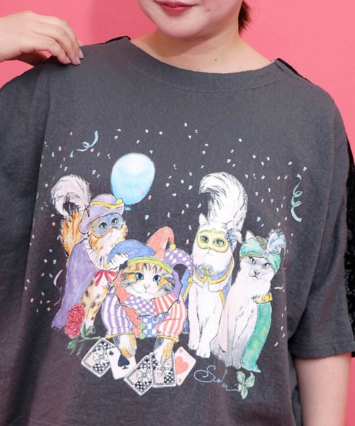 ScoLar（スカラー） tシャツ 162634：仮面舞踏会のネコ柄 ドルマン