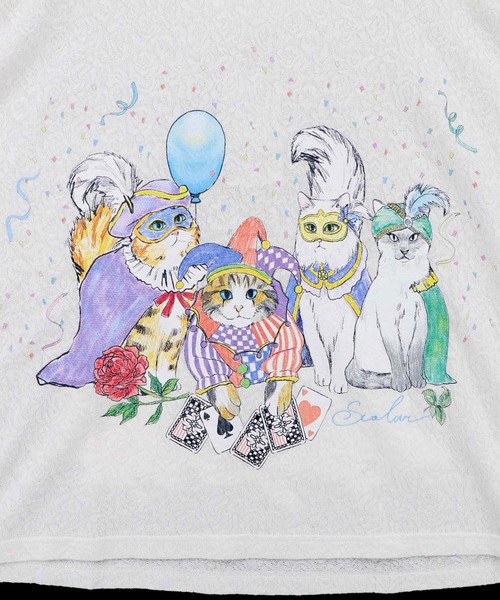 ScoLar（スカラー） tシャツ 162634：仮面舞踏会のネコ柄 ドルマン