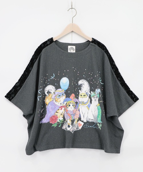 ScoLar（スカラー） tシャツ 162634：仮面舞踏会のネコ柄 ドルマン