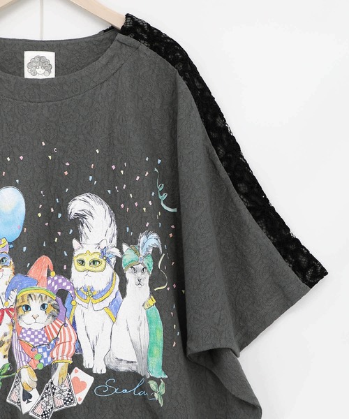 ScoLar（スカラー） tシャツ 162634：仮面舞踏会のネコ柄 ドルマン