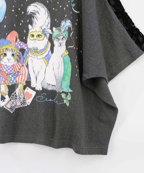 ScoLar（スカラー） tシャツ 162634：仮面舞踏会のネコ柄 ドルマン