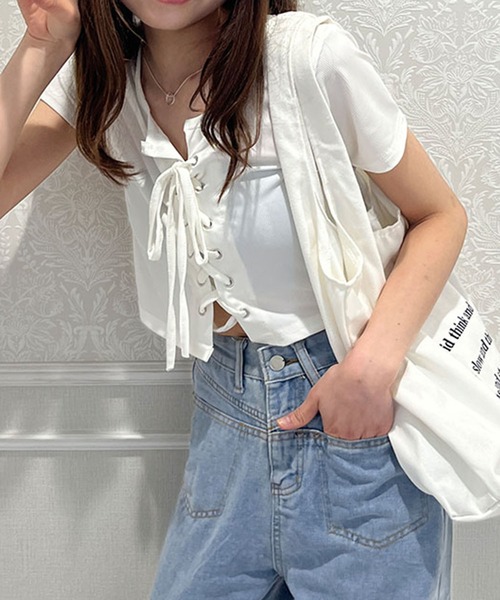 GLAMOROUS JANE tシャツ レースアップクロップド丈半袖トップス