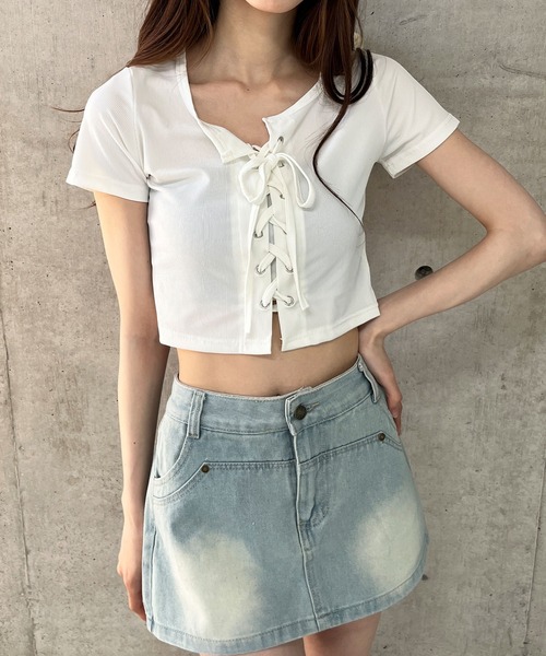 トップス GLAMOROUS JANE GLAMOROUS JANE tシャツ レースアップクロップド丈半袖トップス