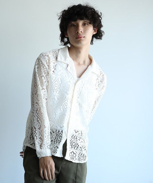 aimoha(アイモハ) シャツ aimoha menレース編み透け感シャツ (SS aimoha(アイモハ) シャツ aimoha menレース編み透け感シャツ (SS