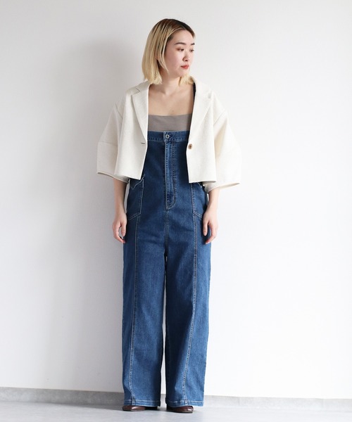 1点のみ！【撥水・接触冷感・UVカット】ハイウエストサロペット/ブラック cepo サロペット オーバーオール 接触冷感・UVカット ICEデニム