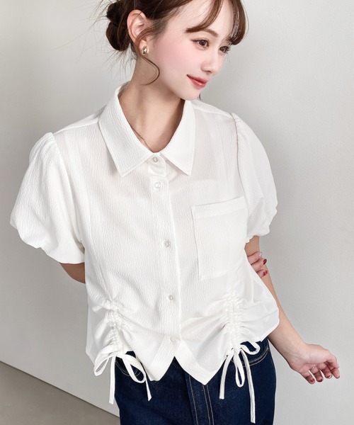 POOLDE プールデ CLOUD BLOUSE パフスリーブ半袖シャツ moment+ ブラウス シャツ 夏 半袖 クレーププリーツバルーンスリーブ裾