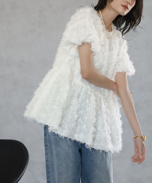 ELFRANK ブラウス シャツ カットジャガードペプラムチュニック丈