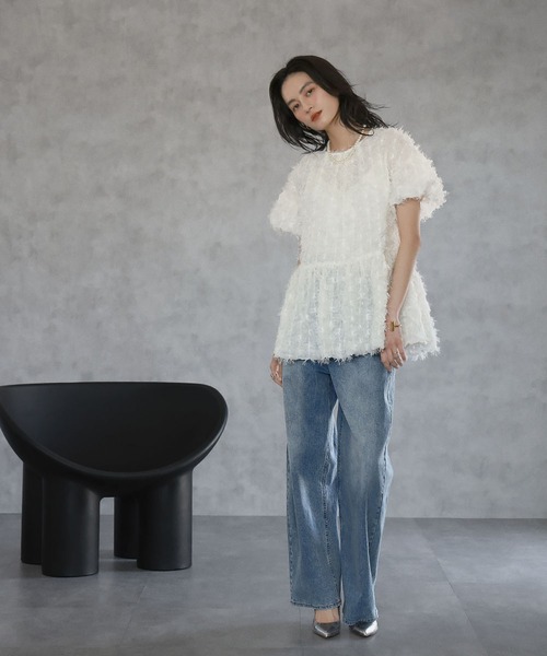 カットジャガードペプラムチュニック丈トップス ELFRANK ブラウス シャツ カットジャガードペプラムチュニック丈