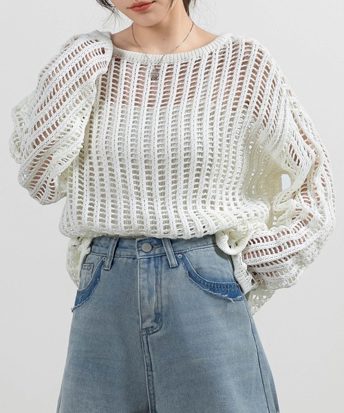 DAY CLOSET ニット セーター レディース 長袖透かし編みサマー