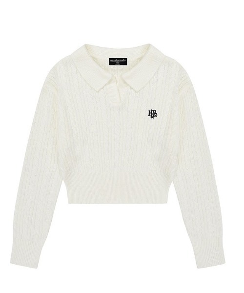 ニット セーター A'GEM/9 × .kom 「muah muah/ムーアムーア」 LOGO OPEN COLLAR CABLE KNIT/オープン ニット セーター A'GEM/9 × .kom 「muah muah/ムーアムーア
