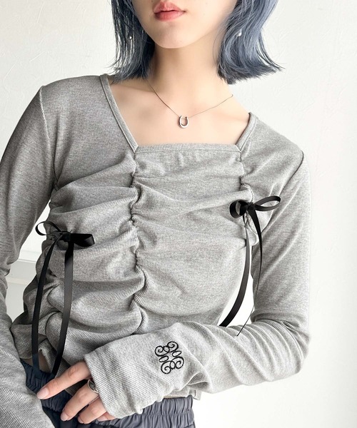 ANMARY リボン付き半袖Tシャツ 肩開きリボン ロゴ半袖Tシャツ(110cm サックス): キッズ
