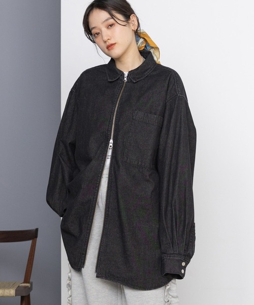 ブラウス シャツ 「UNISEX」 overdyed denim loose shirt/選べる着丈/Wジップオーバーダイ加工デニムルーズシャツ レデ UNISEX】 overdyed denim loose shirt/選べる着丈/Wジップ