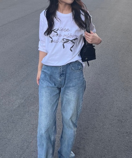 【❤️メルヘン88❤️】リボン刺繍 グレー Tシャツ サイズ3 fiere tシャツ リボンガーリーロンT/長袖Tシャツ レディース
