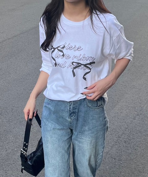 PHER 半袖 リボンＴシャツ 3colors fiere tシャツ リボンガーリー半袖Tシャツ レディース