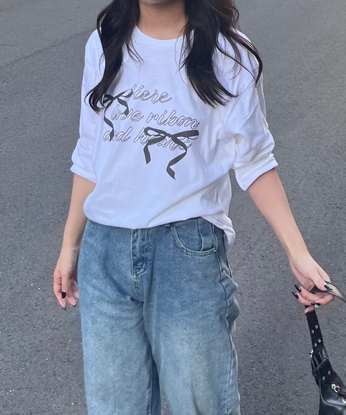 【❤️メルヘン88❤️】リボン刺繍 グレー Tシャツ サイズ3 fiere tシャツ リボンガーリーロンT/長袖Tシャツ レディース
