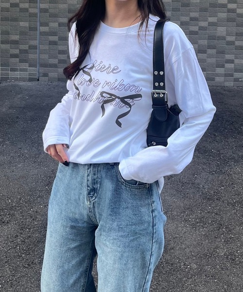 【新品未使用】Tシャツ 白 リボン 星 fiere tシャツ リボンガーリーロンT/長袖Tシャツ レディース