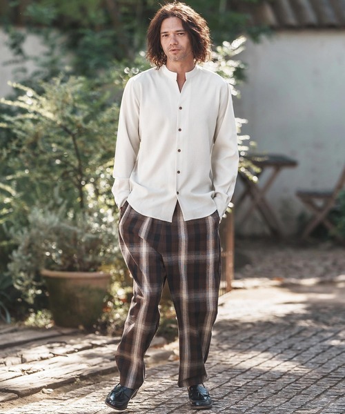 cale 23ss リネンシャツ 44／－×44／－リネンガーゼグレンチェック ボトル襟シャツ