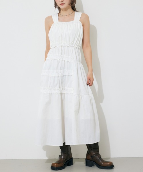 STELLA MARINA 異素材変形フリルロングワンピース 個性的 アシメ STELLA MARINA 異素材変形フリルロングワンピース 個性的 アシメ