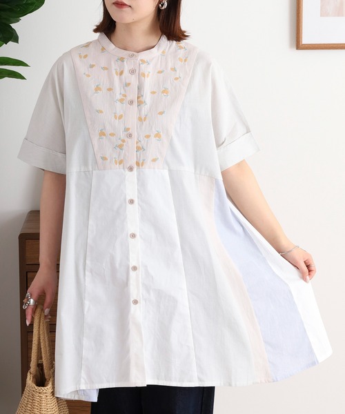 ブラウス シャツ EMAGO レモン刺繍チュニックシャツ レディース