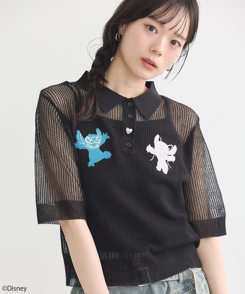 tシャツ スティッチ／刺繍ハートボタンニットポロシャツ レディース